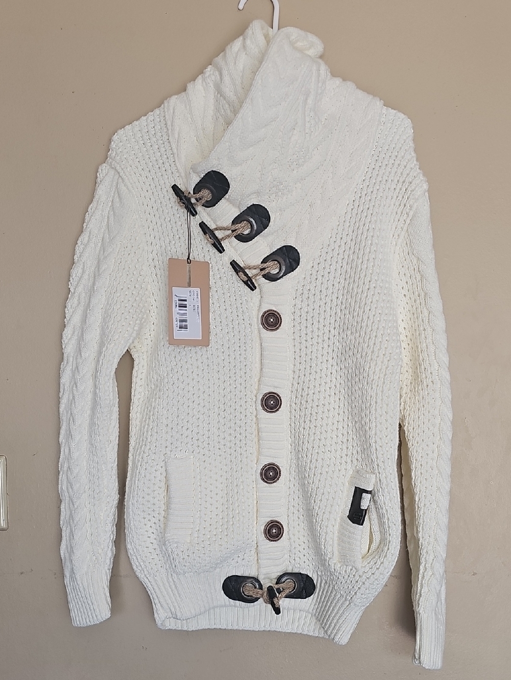 Men's Cream Cable Knit Toggle Cardigan Sweater